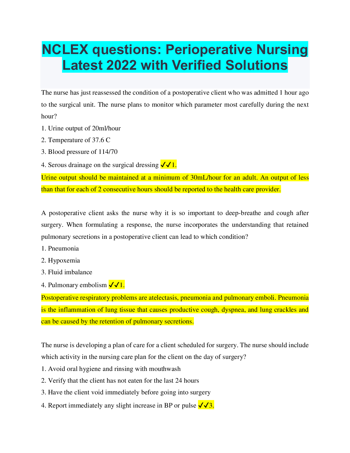 NCLEX questions Perioperative Nursing Latest 2022 with Verified